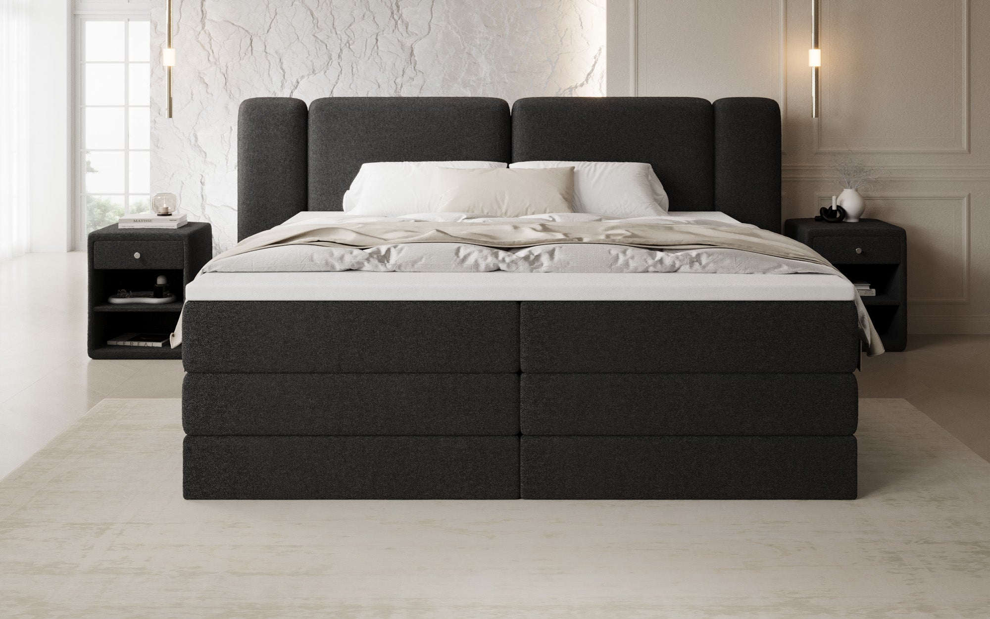 Boxspringbed Leni met opklapbare opbergruimte in Teddystof Bouclé