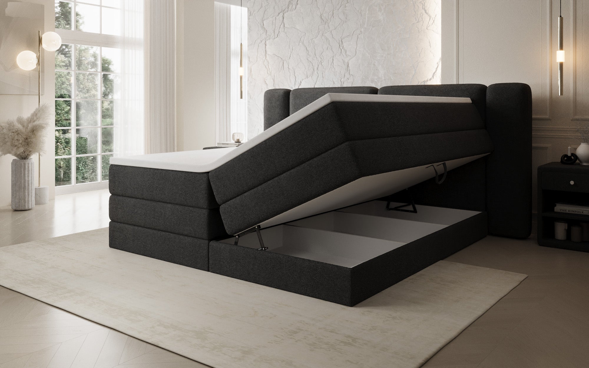 Boxspringbed Leni met opklapbare opbergruimte in Teddystof Bouclé
