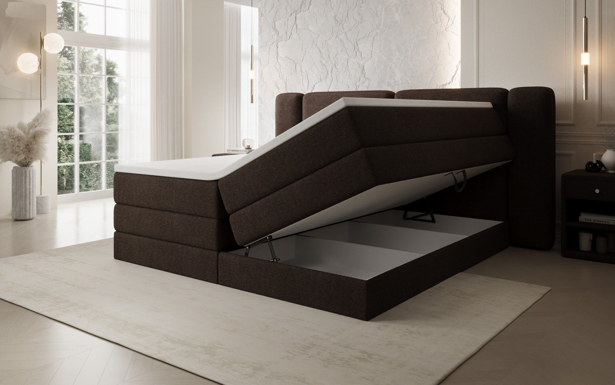 Boxspringbed Leni met opklapbare opbergruimte in Teddystof Bouclé