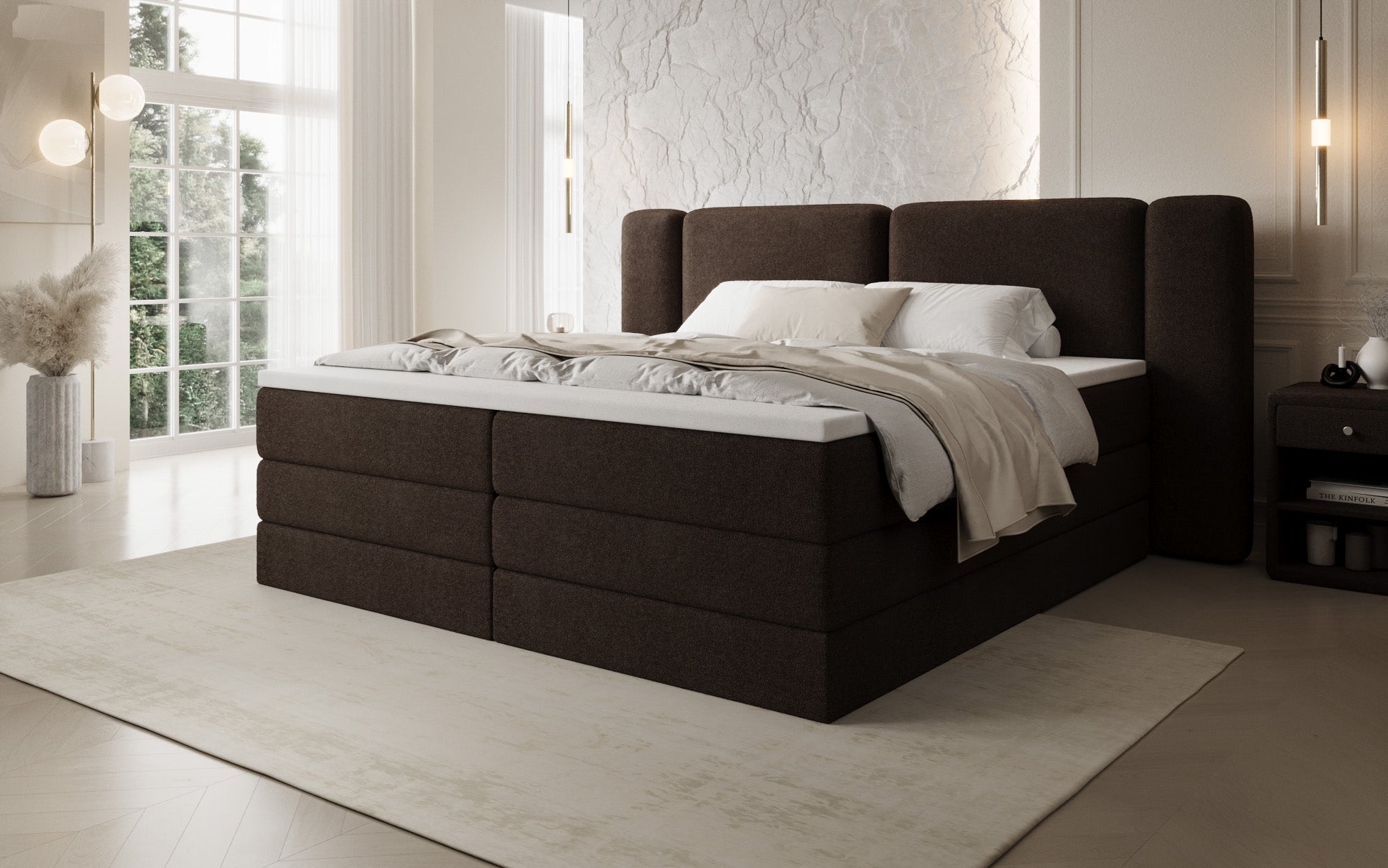 Boxspringbed Leni met opklapbare opbergruimte in Teddystof Bouclé