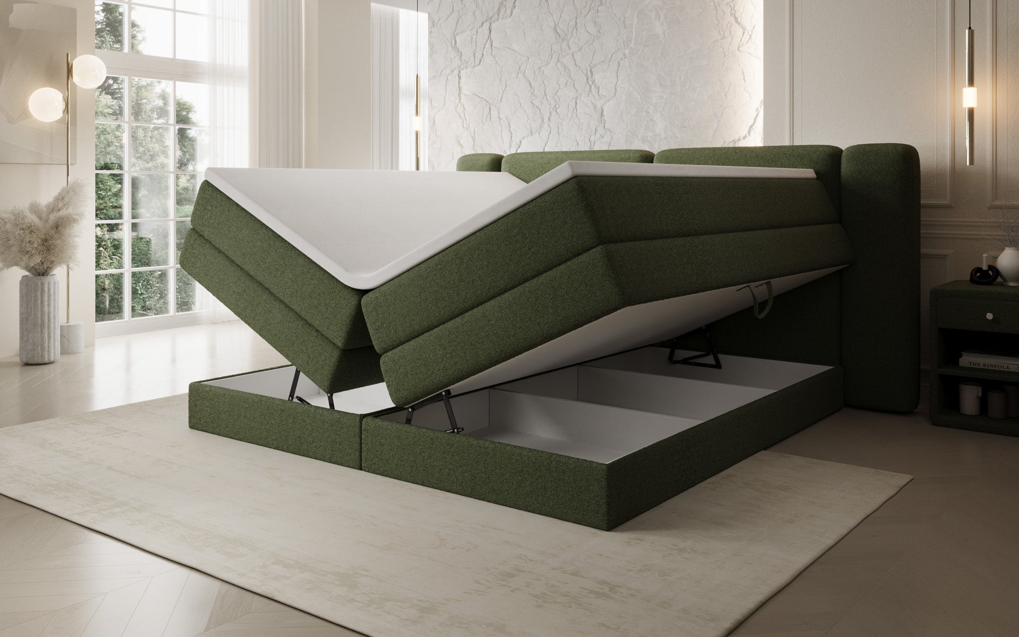 Boxspringbed Leni met opklapbare opbergruimte in Teddystof Bouclé