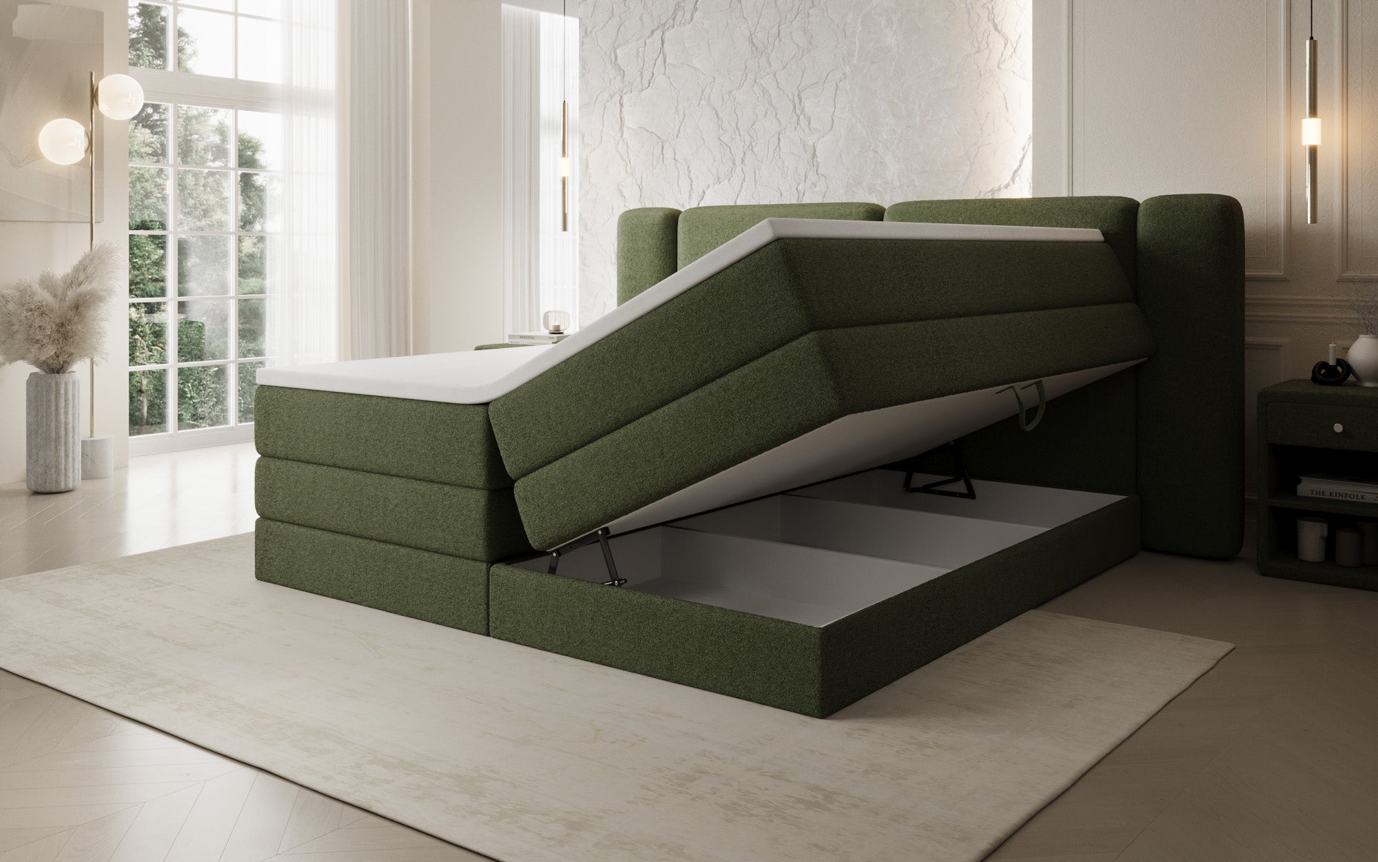 Boxspringbed Leni met opklapbare opbergruimte in Teddystof Bouclé