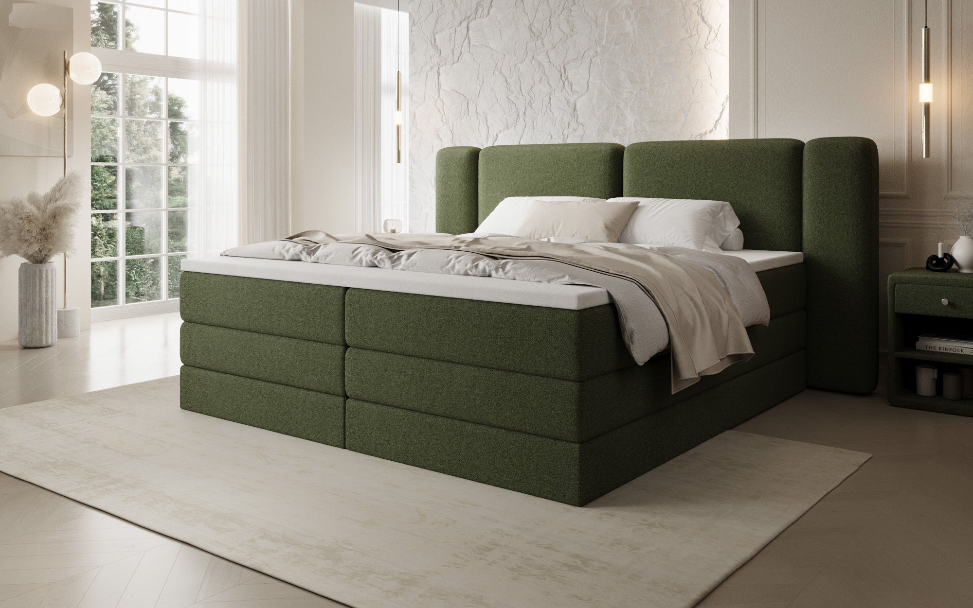 Boxspringbed Leni met opklapbare opbergruimte in Teddystof Bouclé