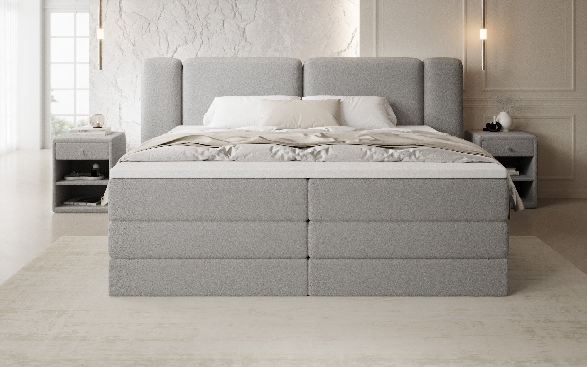 Boxspringbed Leni met opklapbare opbergruimte in Teddystof Bouclé