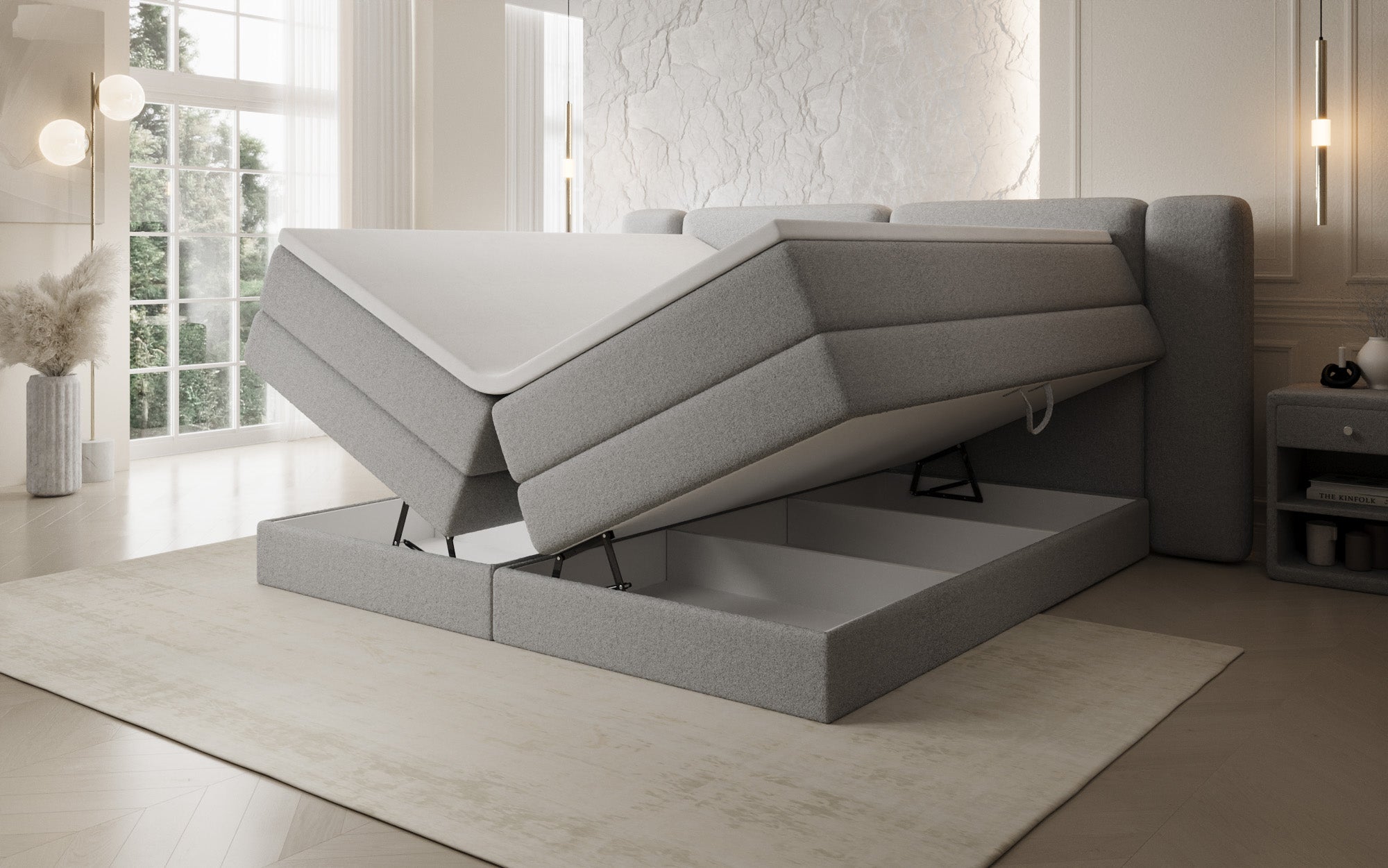 Boxspringbed Leni met opklapbare opbergruimte in Teddystof Bouclé