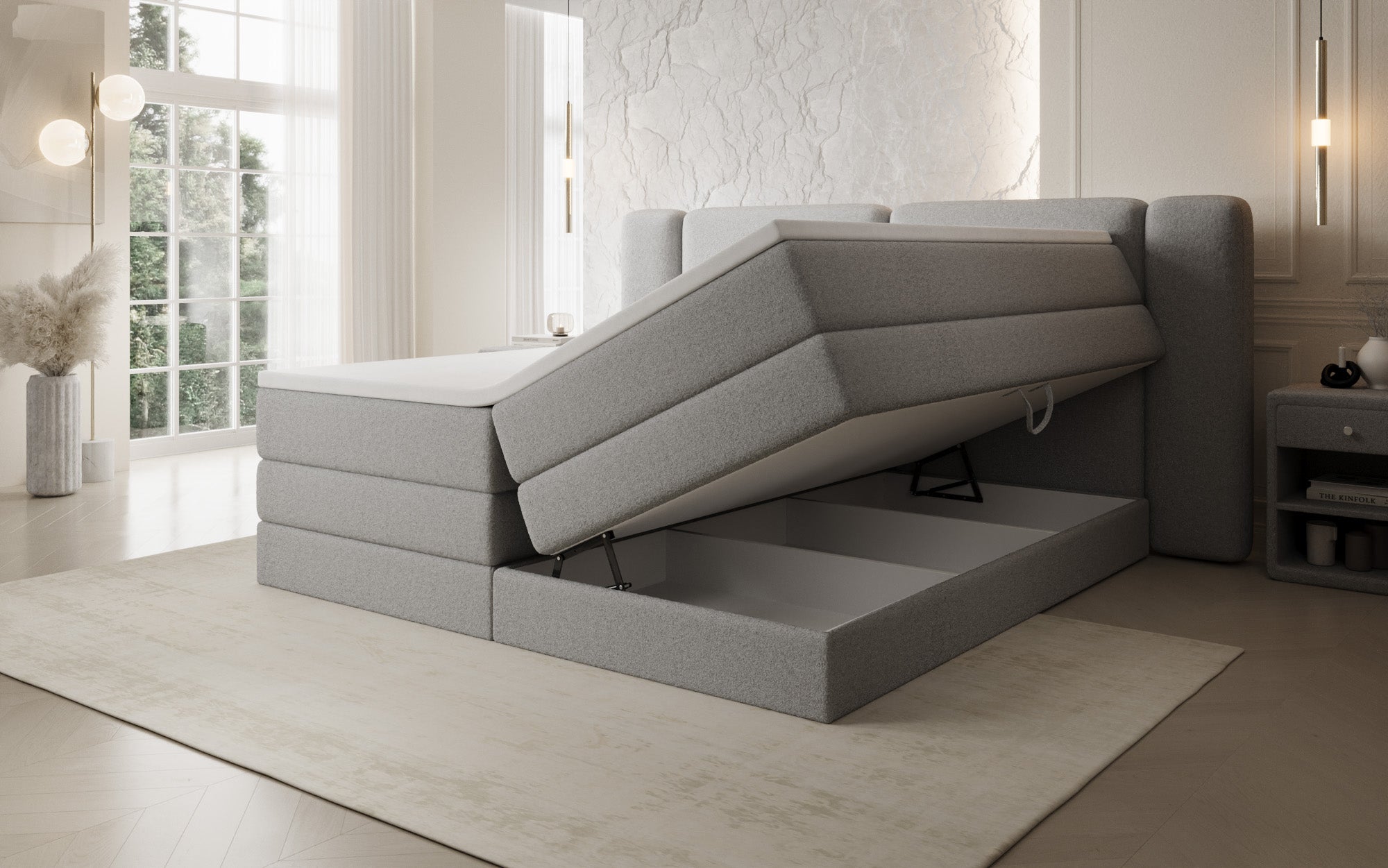 Boxspringbed Leni met opklapbare opbergruimte in Teddystof Bouclé