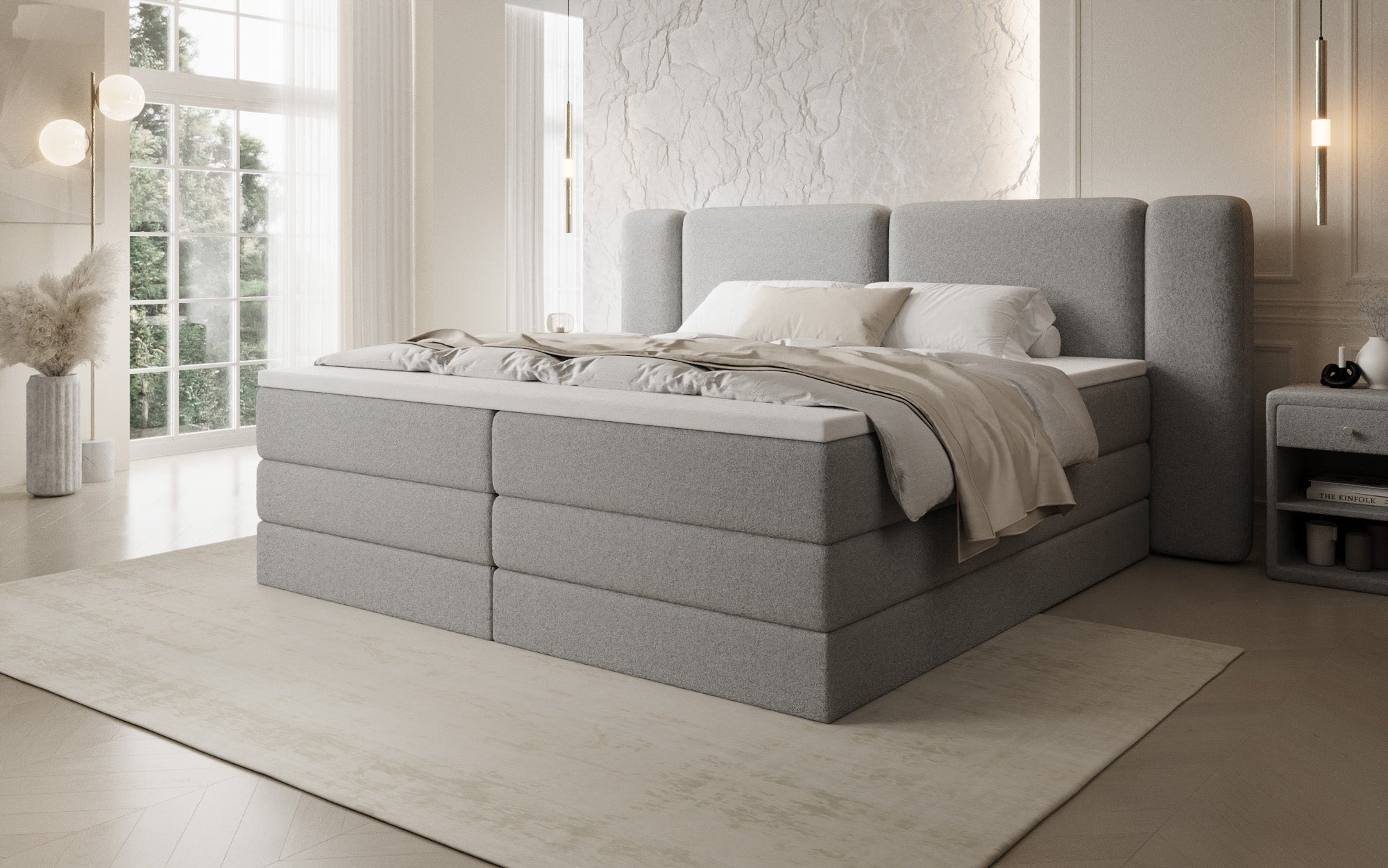 Boxspringbed Leni met opklapbare opbergruimte in Teddystof Bouclé