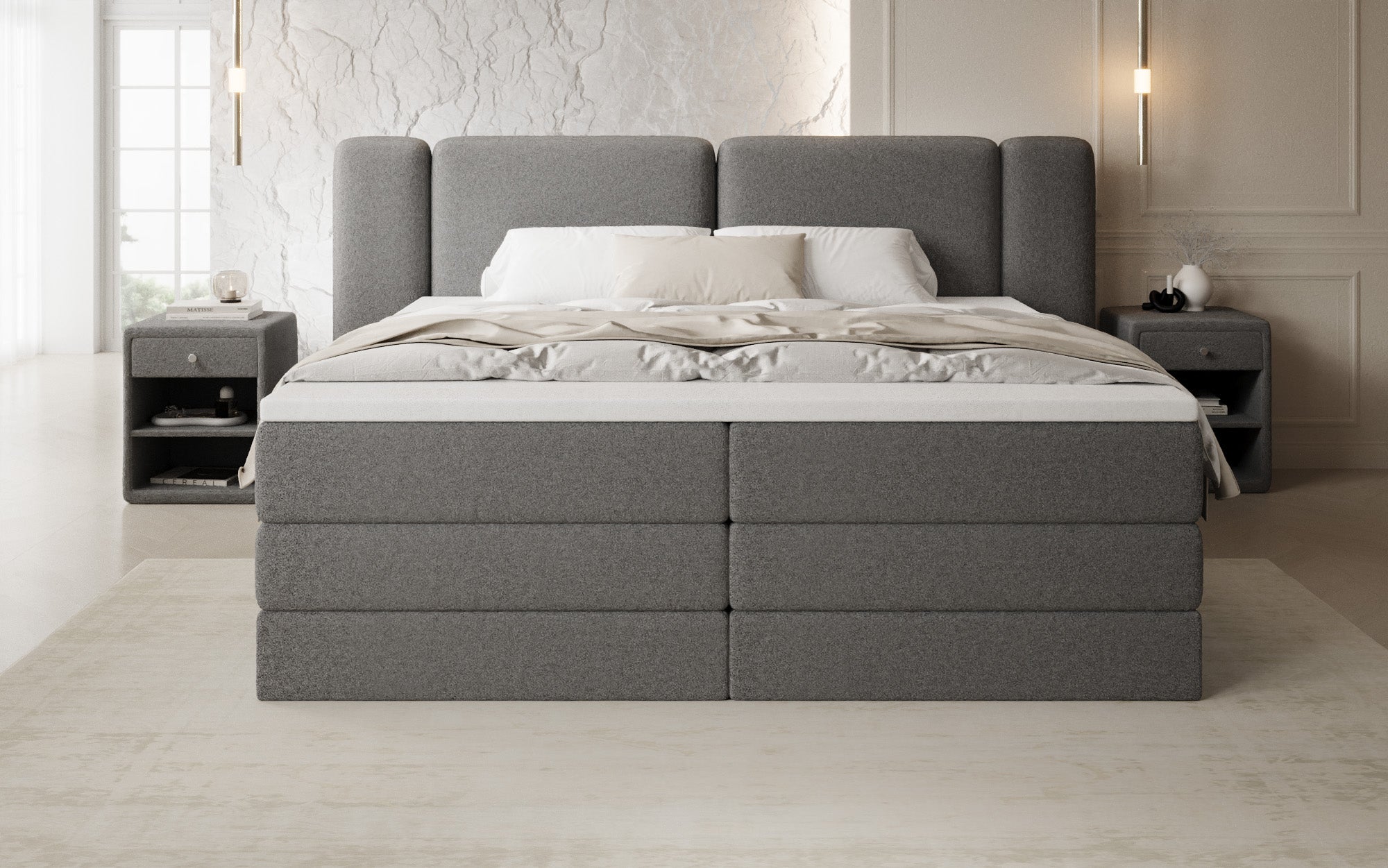 Boxspringbed Leni met opklapbare opbergruimte in Teddystof Bouclé
