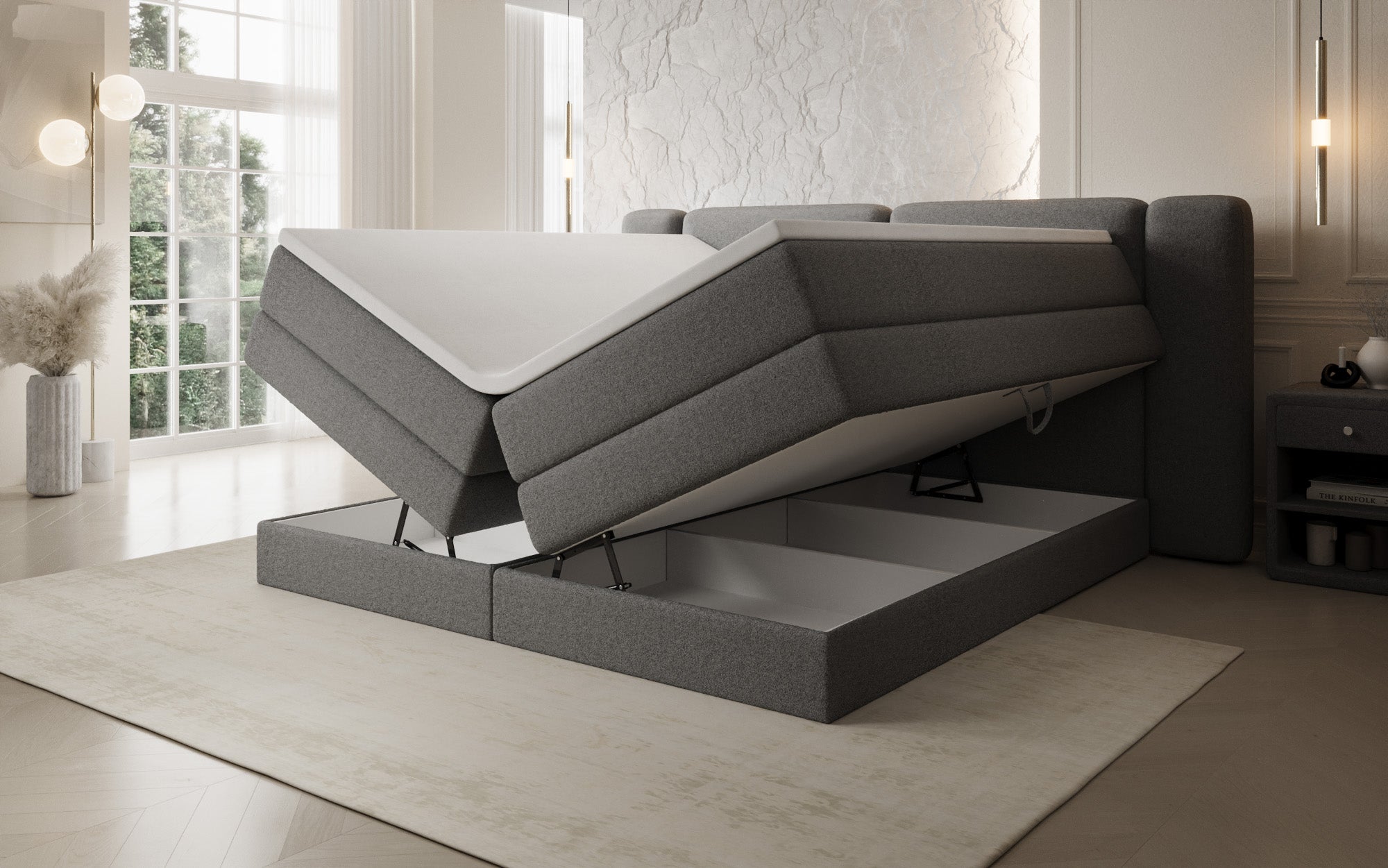 Boxspringbed Leni met opklapbare opbergruimte in Teddystof Bouclé