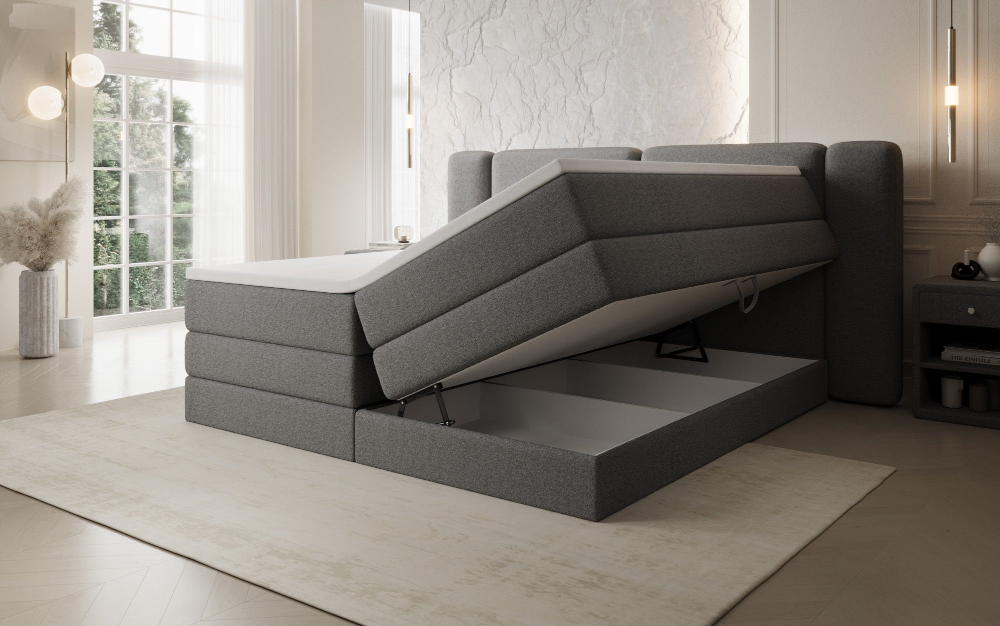 Boxspringbed Leni met opklapbare opbergruimte in Teddystof Bouclé