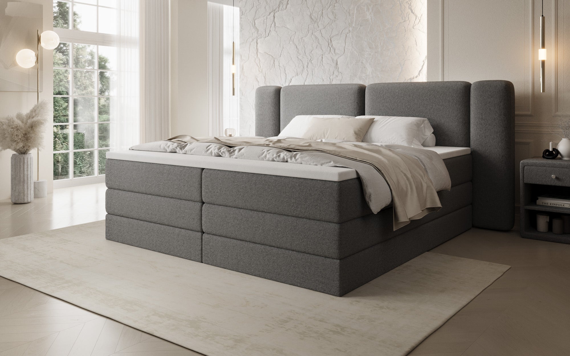 Boxspringbed Leni met opklapbare opbergruimte in Teddystof Bouclé