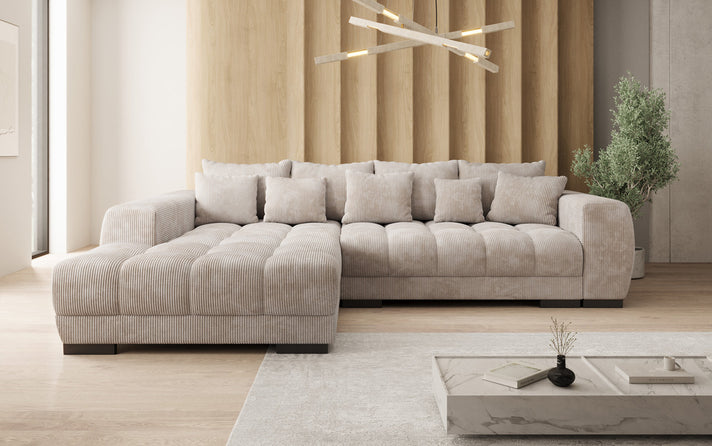Canapé d’angle design Balu avec fonction lit et espace de rangement en Côtelé