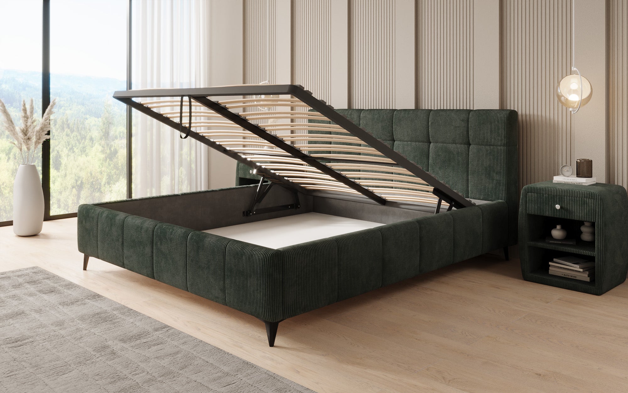 Designer gestoffeerd bed Nelly in Ribstof met opbergruimte
