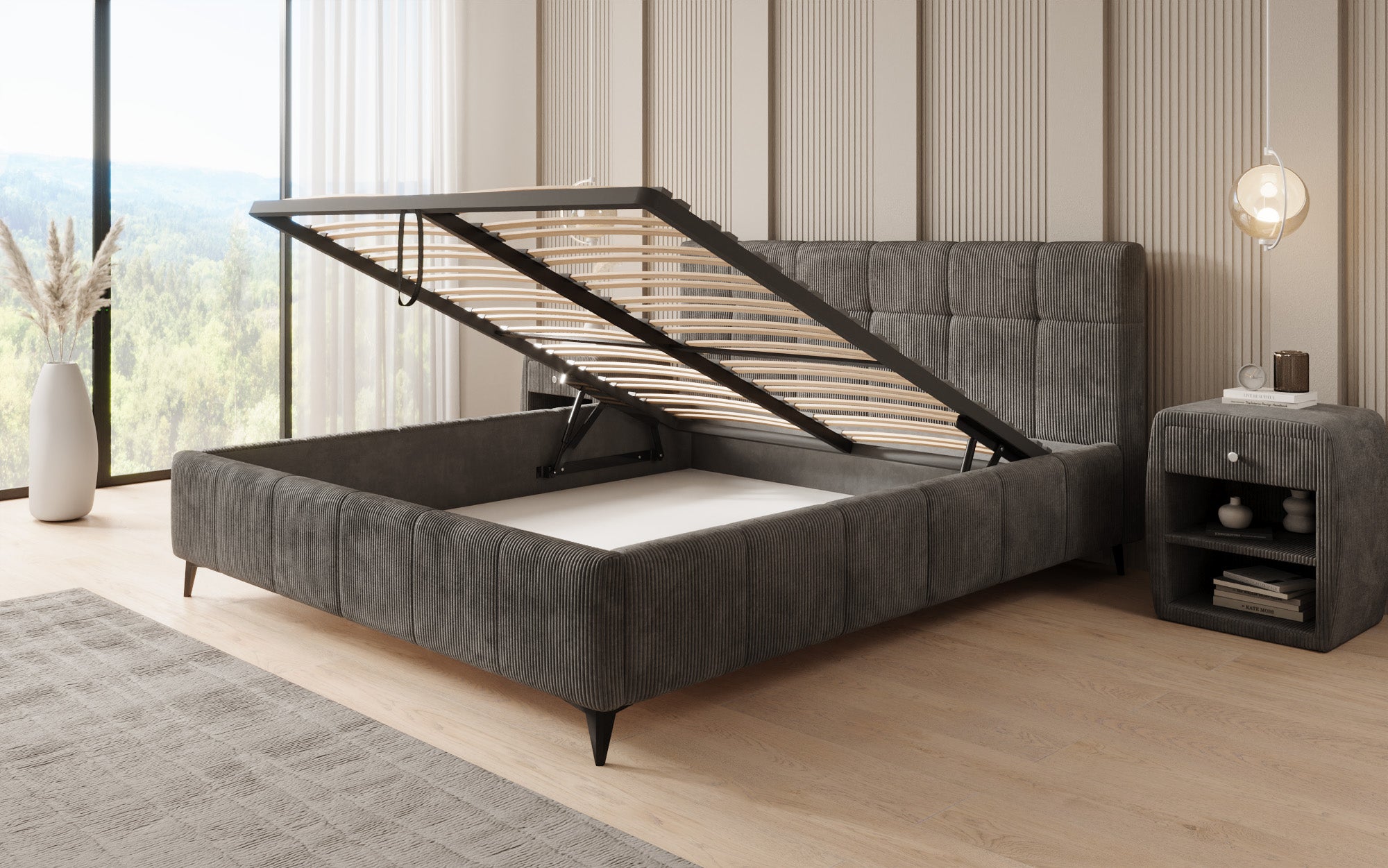 Designer gestoffeerd bed Nelly in Ribstof met opbergruimte