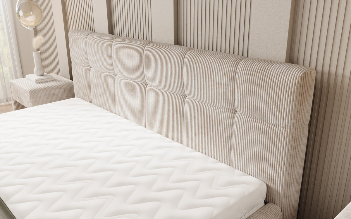 Designer gestoffeerd bed Nelly in Ribstof met opbergruimte