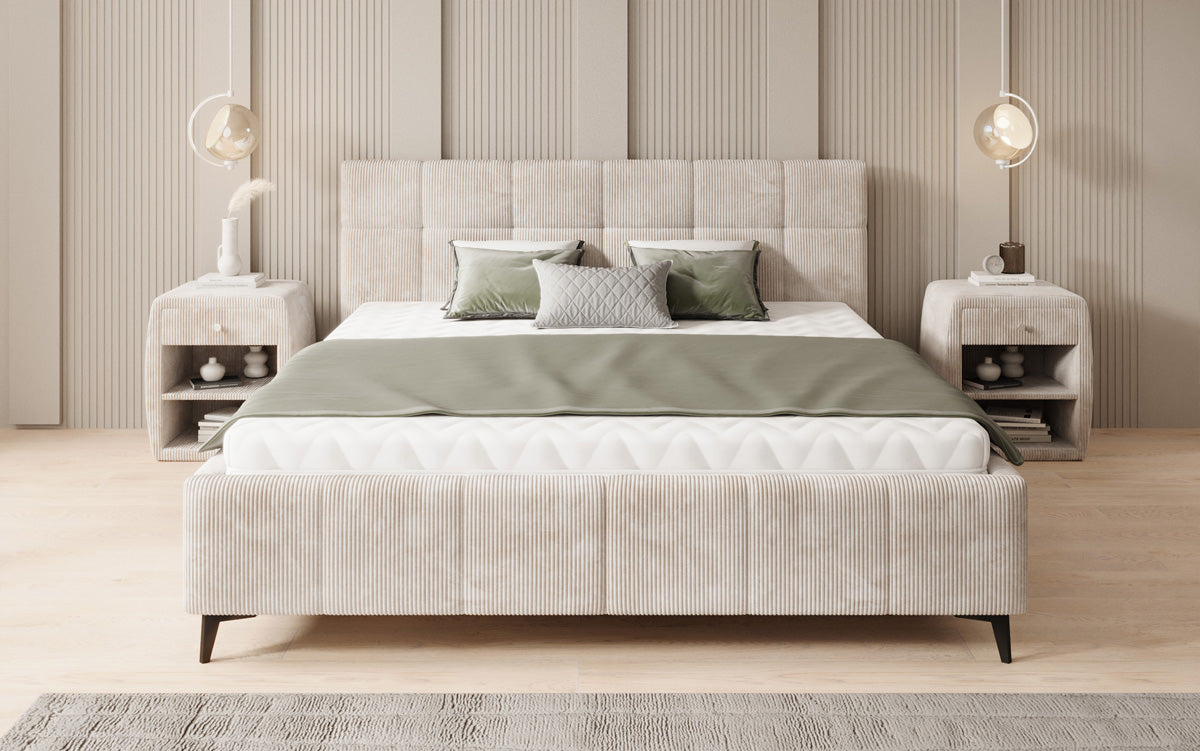 Designer gestoffeerd bed Nelly in Ribstof met opbergruimte