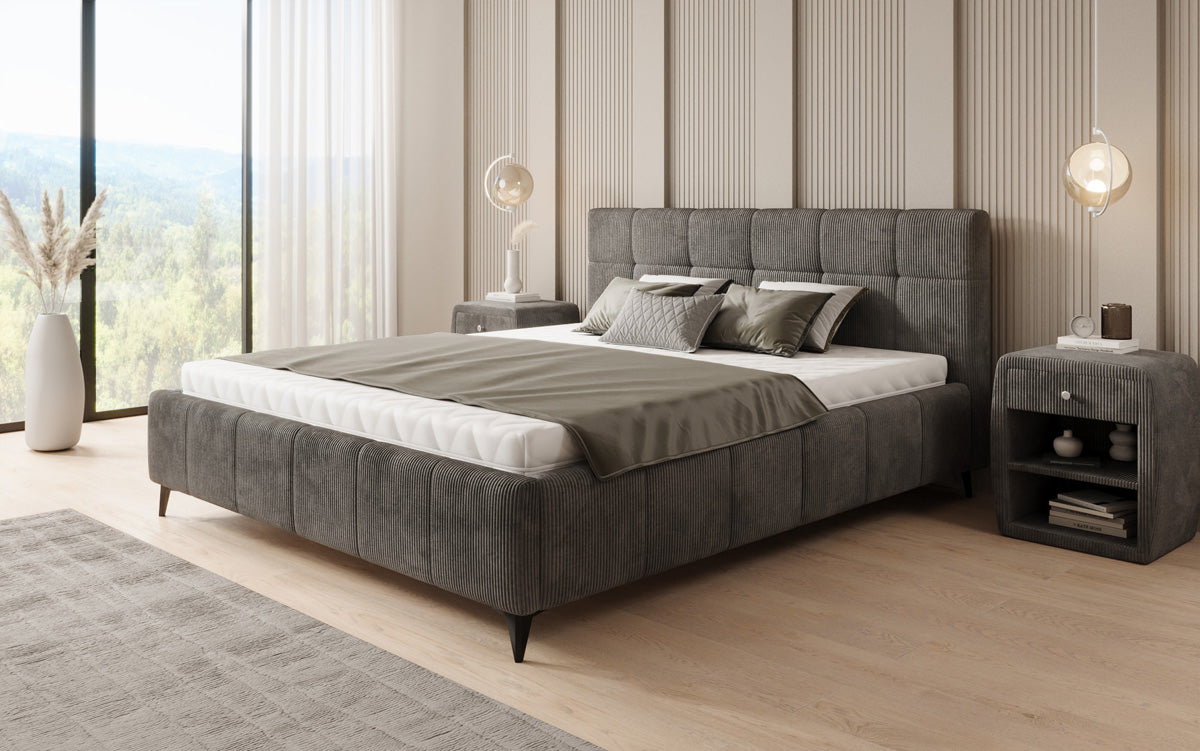 Designer gestoffeerd bed Nelly in Ribstof met opbergruimte