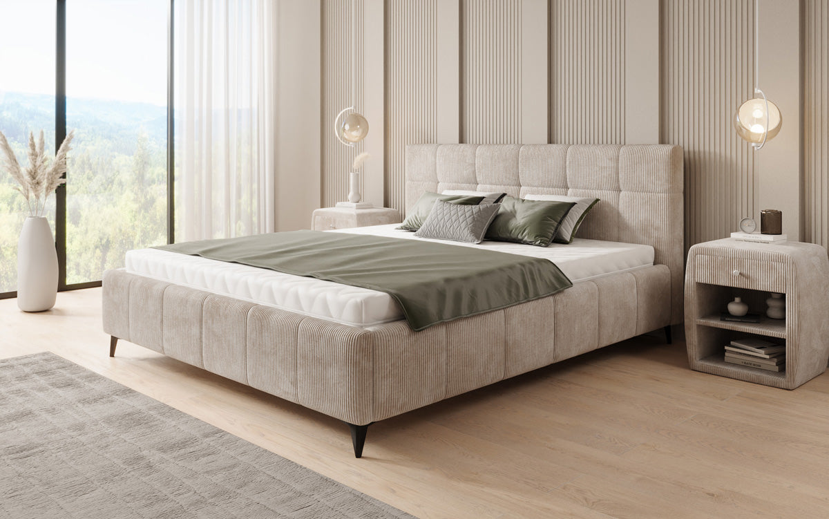 Designer gestoffeerd bed Nelly in Ribstof met opbergruimte