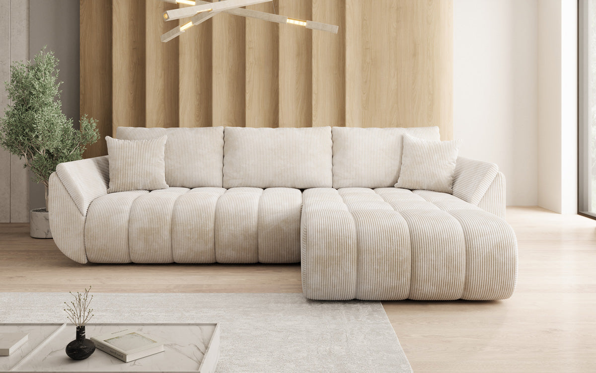 Designsofa Lenoa L met slaapfunctie en opbergruimte in Ribstof