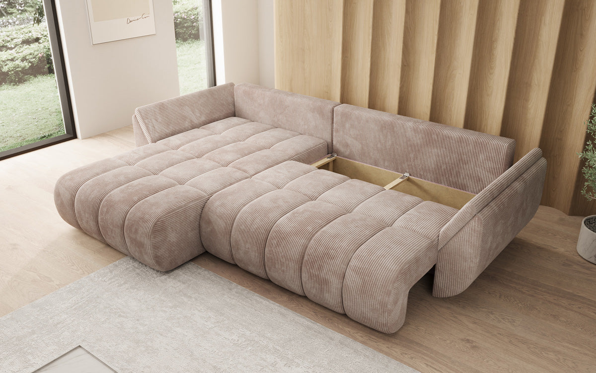 Designsofa Lenoa L met slaapfunctie en opbergruimte in Ribstof