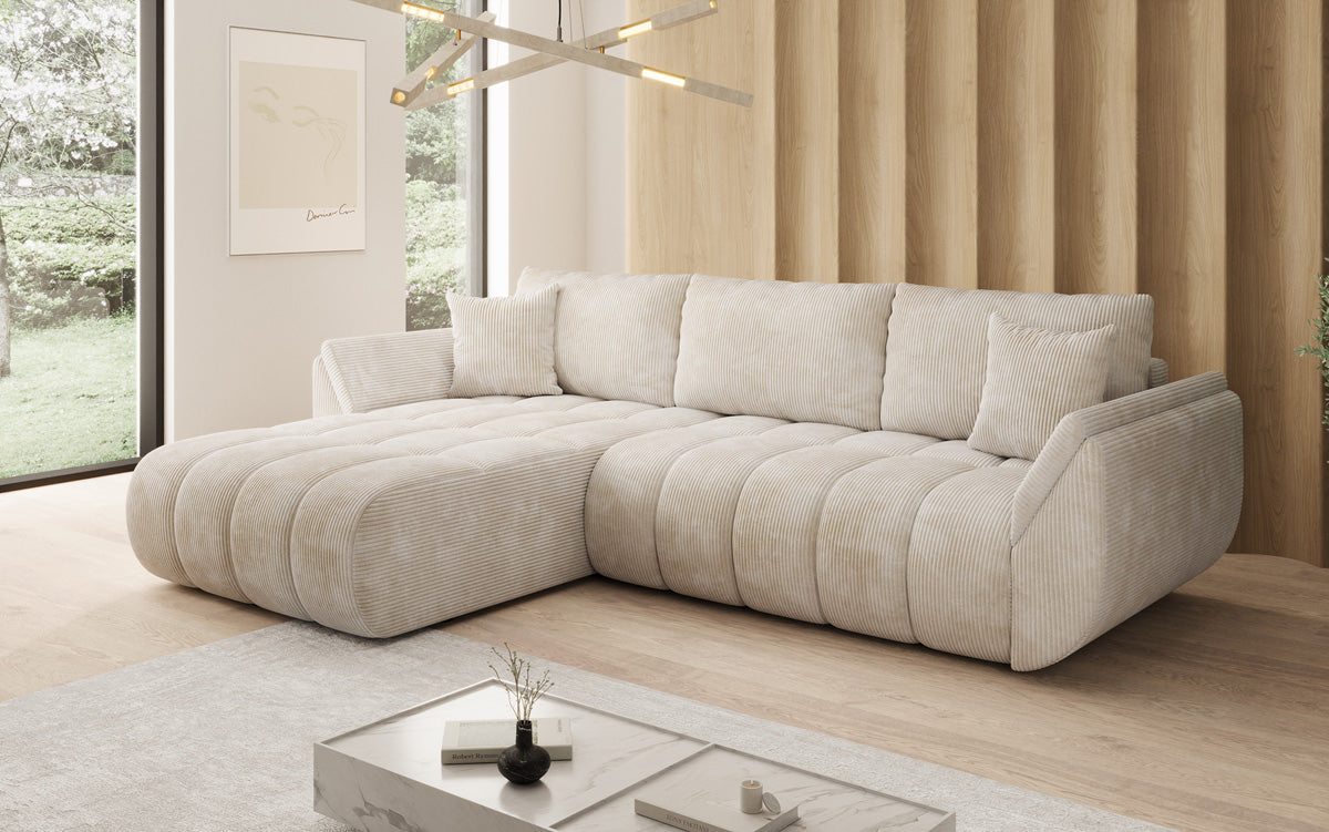 Designsofa Lenoa L met slaapfunctie en opbergruimte in Ribstof