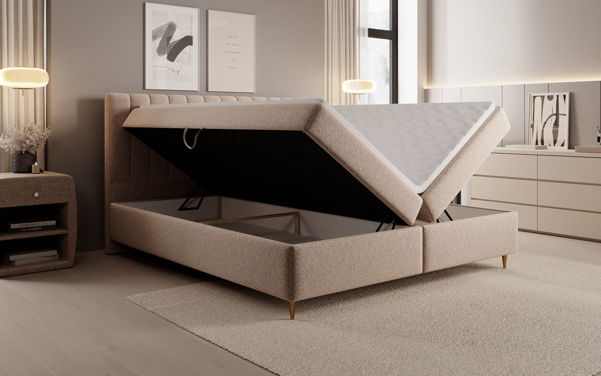 Lit boxspring Chelsea en tissu texturé avec espace de rangement