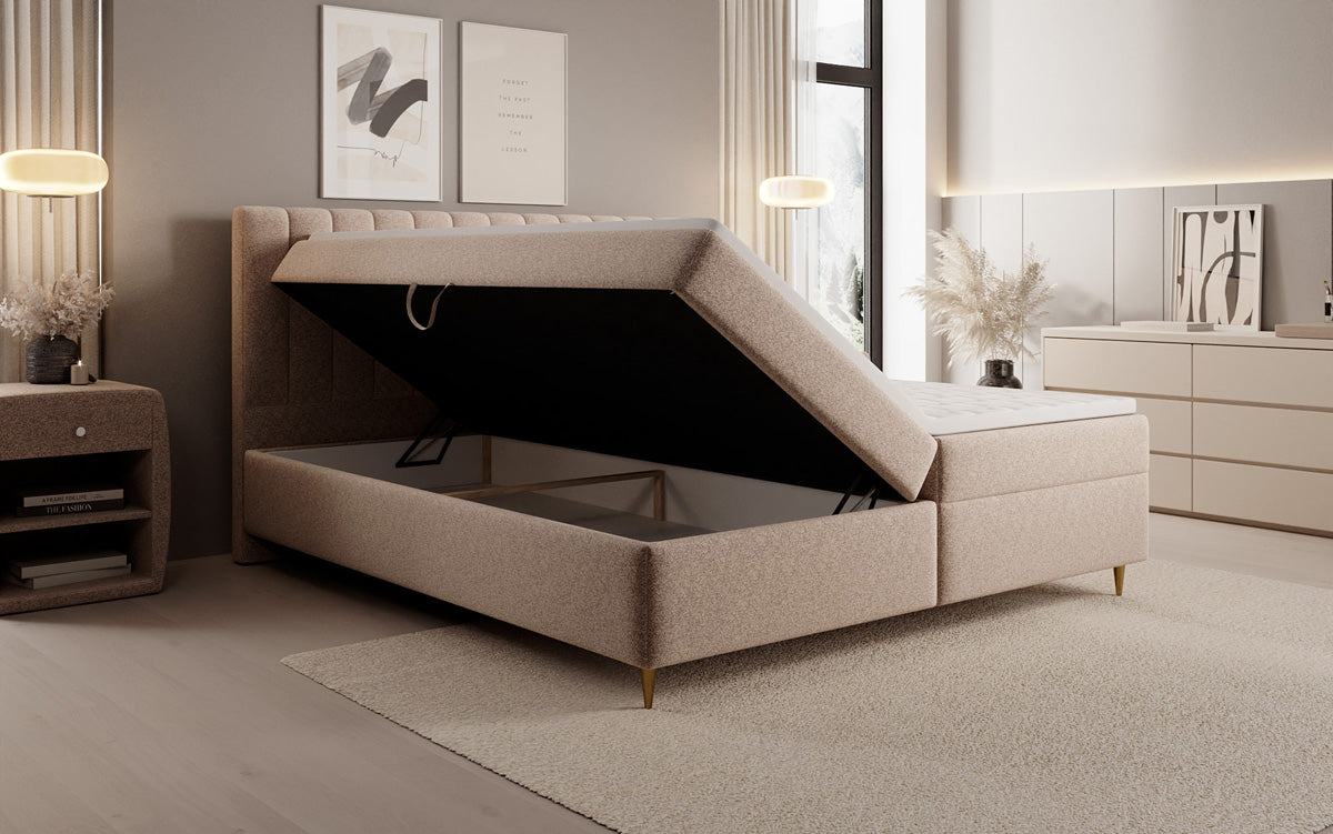 Lit boxspring Chelsea en tissu texturé avec espace de rangement
