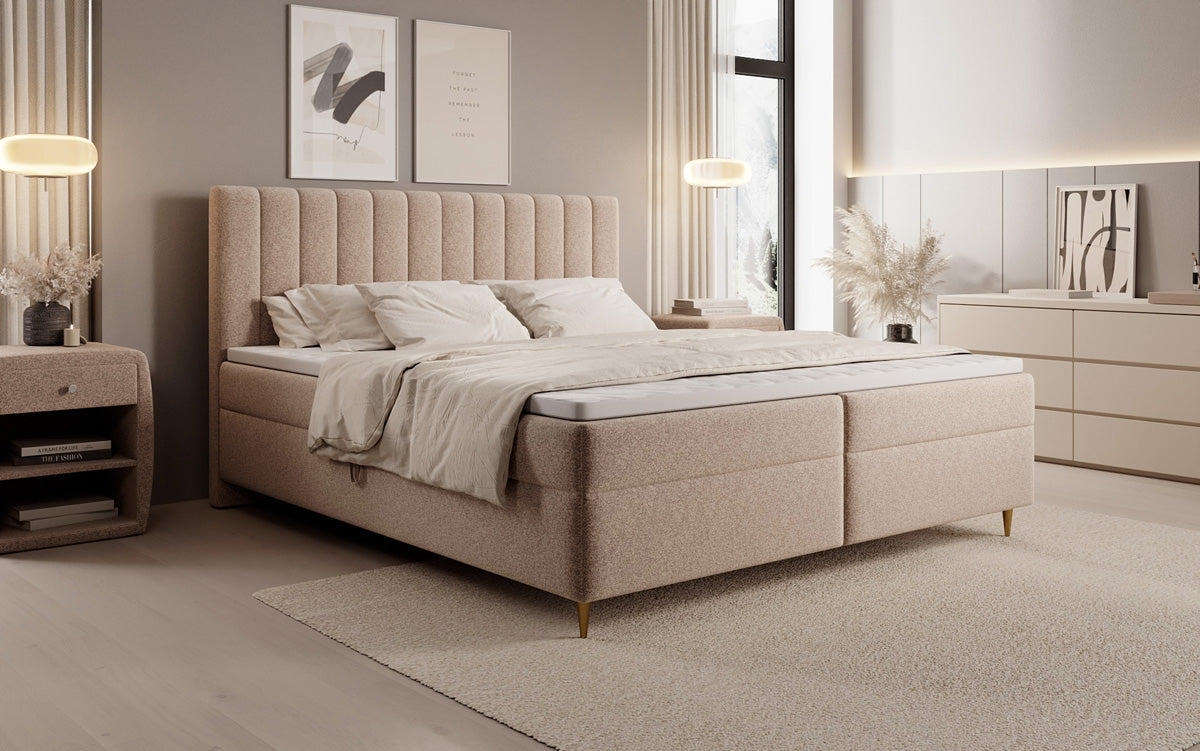 Lit boxspring Chelsea en tissu texturé avec espace de rangement