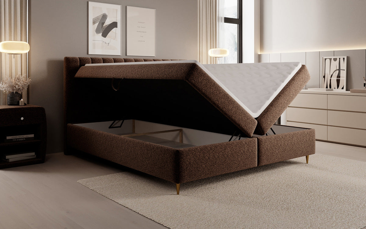 Lit boxspring Chelsea en tissu texturé avec espace de rangement