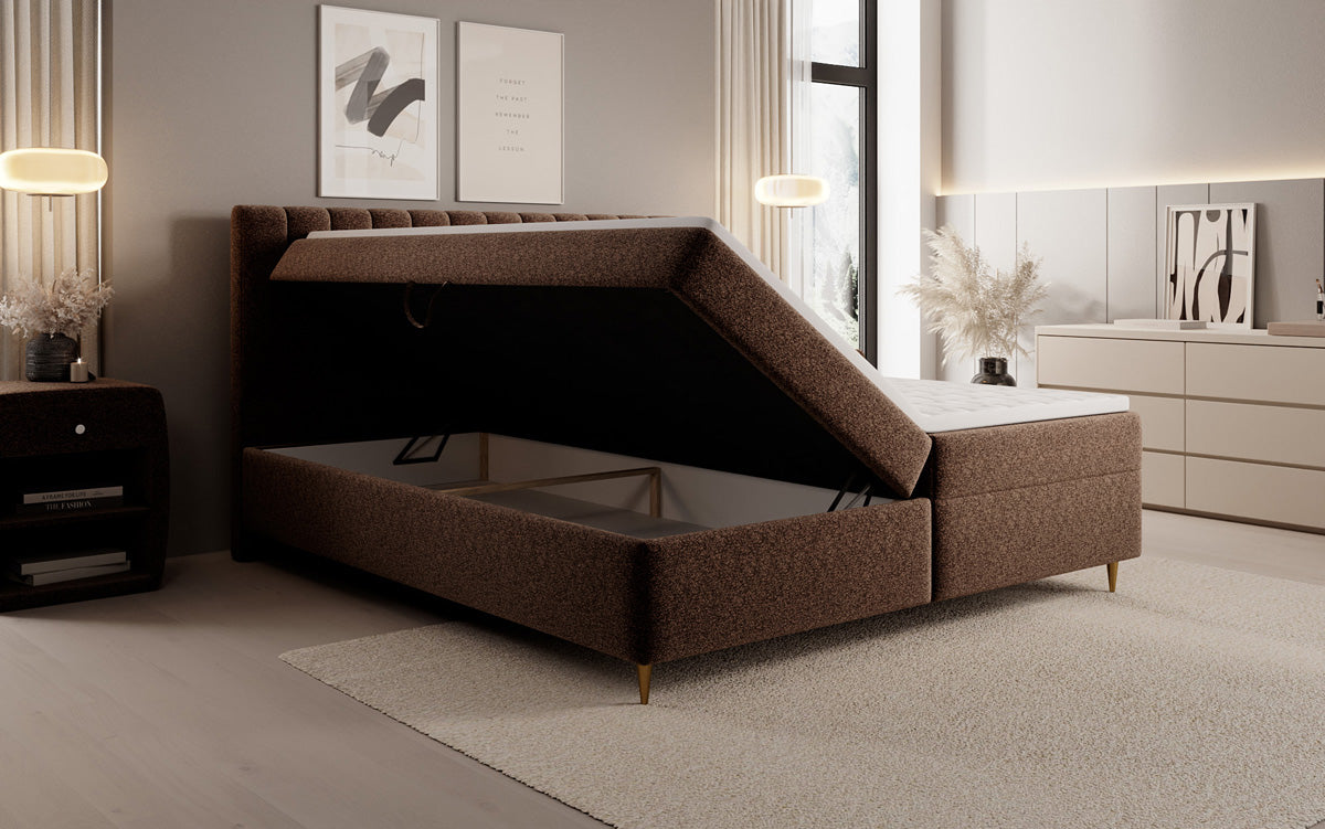 Lit boxspring Chelsea en tissu texturé avec espace de rangement