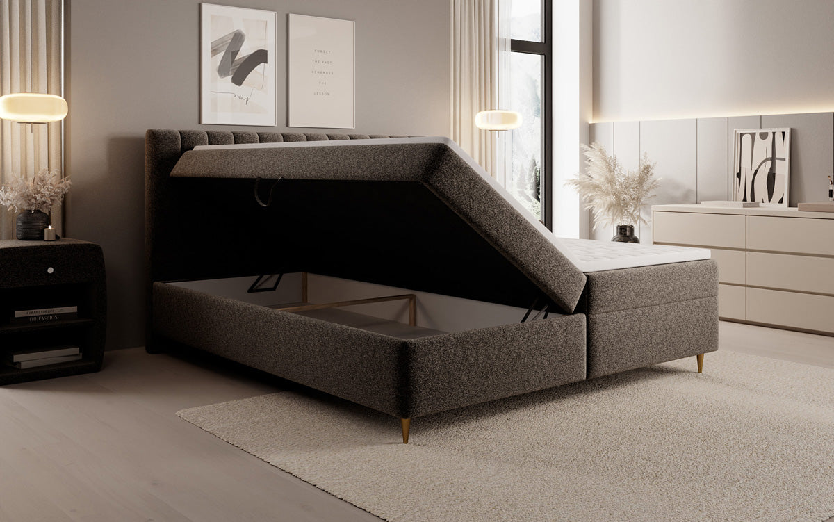 Lit boxspring Chelsea en tissu texturé avec espace de rangement