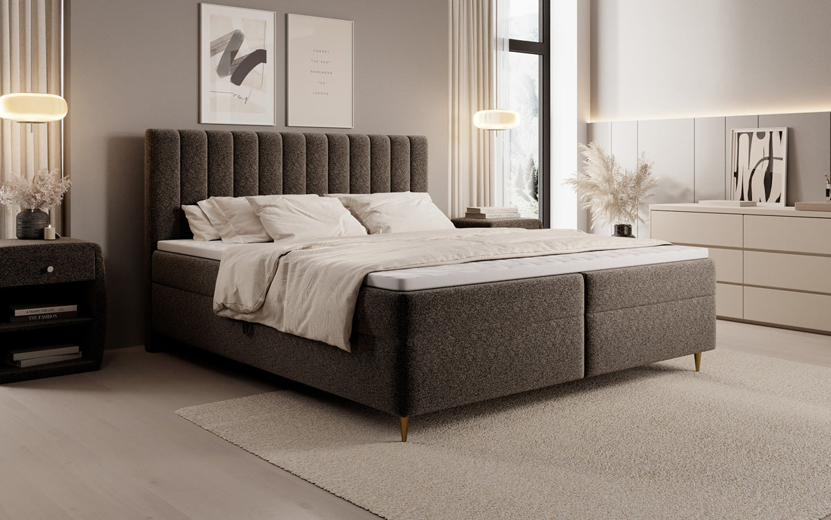 Lit boxspring Chelsea en tissu texturé avec espace de rangement