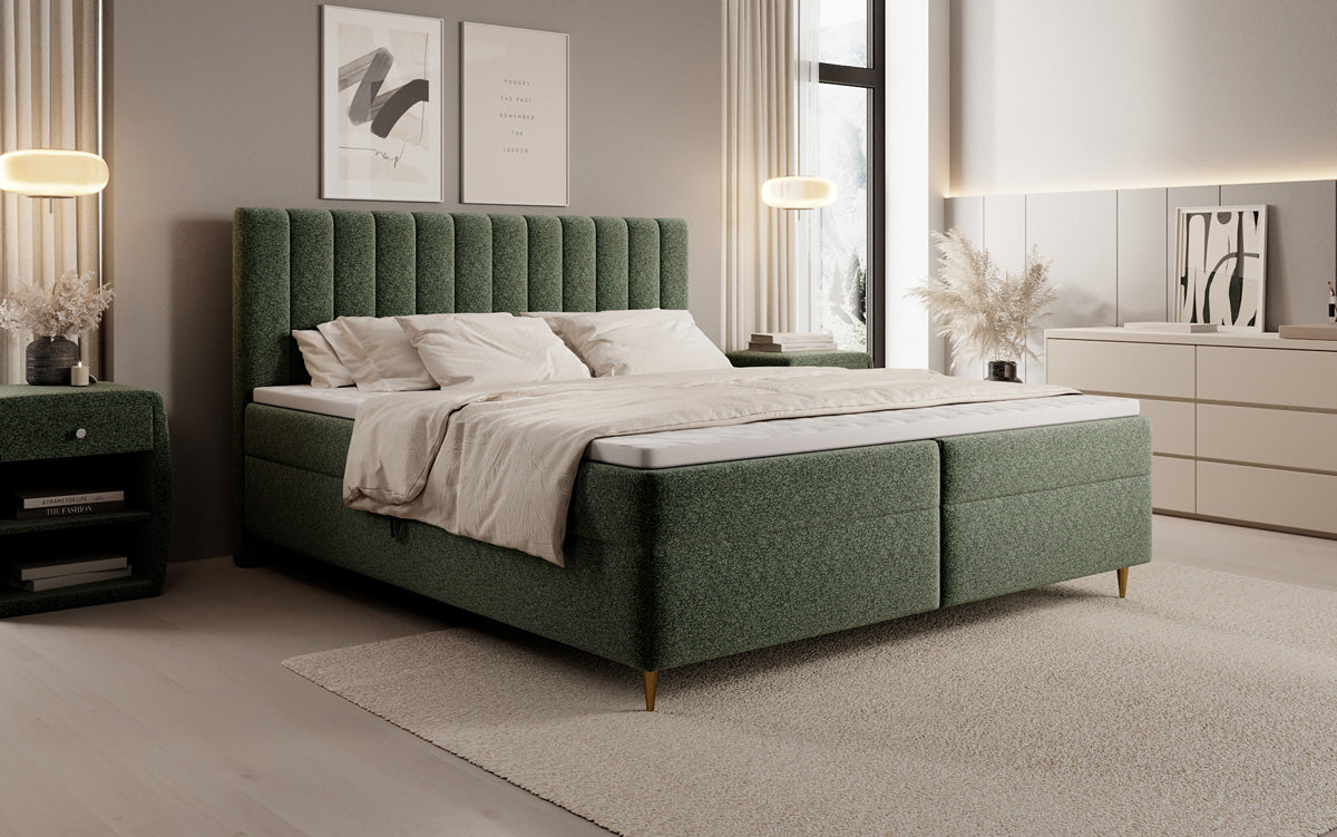 Lit boxspring Chelsea en tissu texturé avec espace de rangement