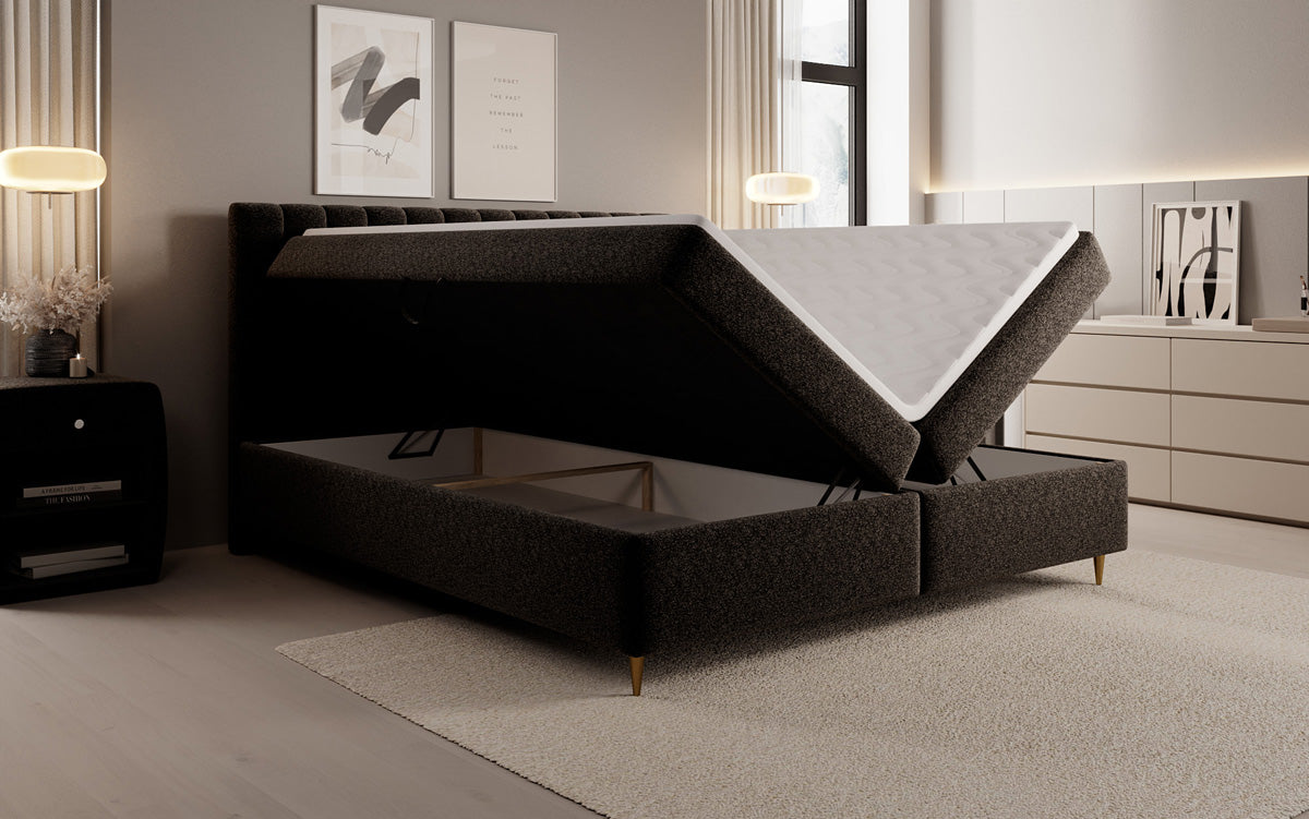 Lit boxspring Chelsea en tissu texturé avec espace de rangement