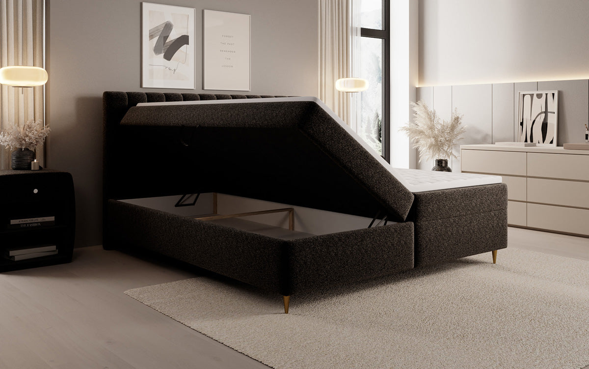 Lit boxspring Chelsea en tissu texturé avec espace de rangement