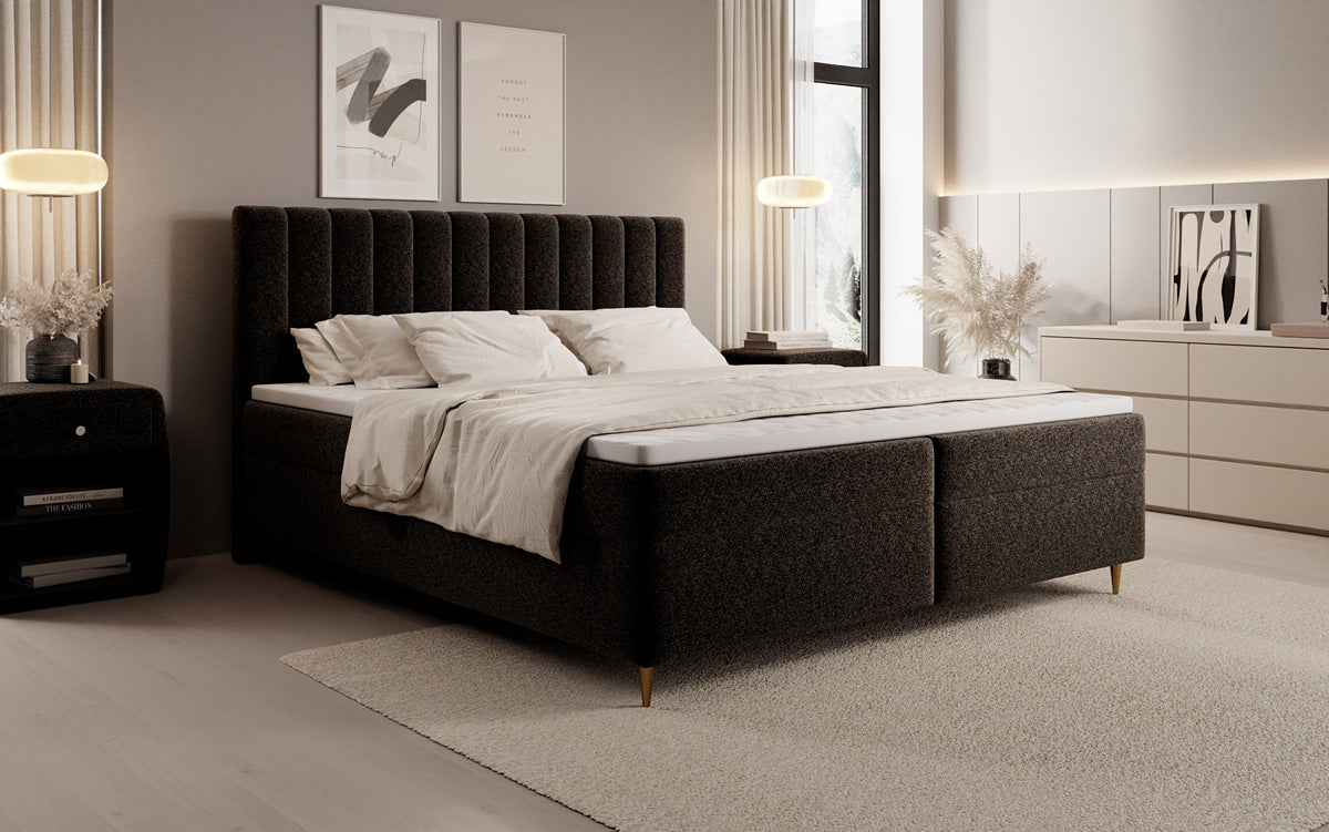 Lit boxspring Chelsea en tissu texturé avec espace de rangement