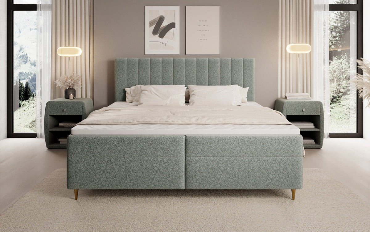 Lit boxspring Chelsea en tissu texturé avec espace de rangement