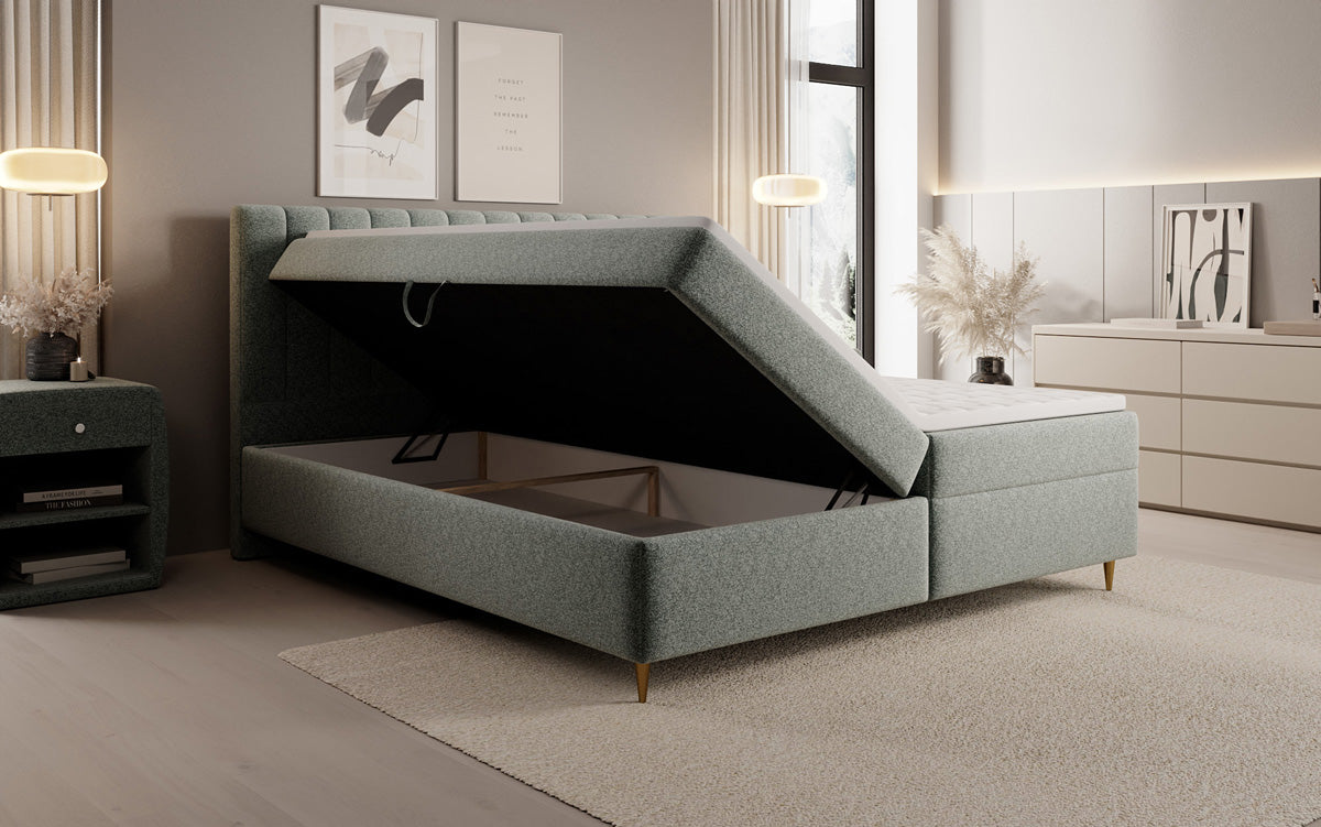 Lit boxspring Chelsea en tissu texturé avec espace de rangement