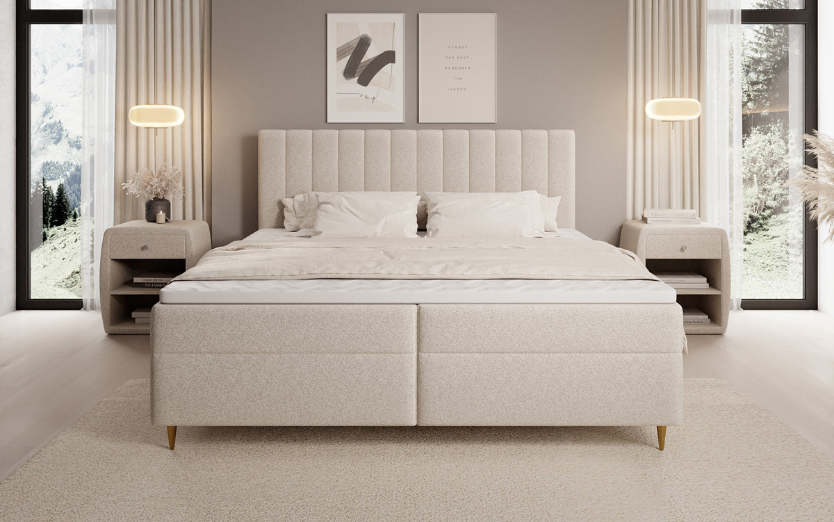 Lit boxspring Chelsea en tissu texturé avec espace de rangement