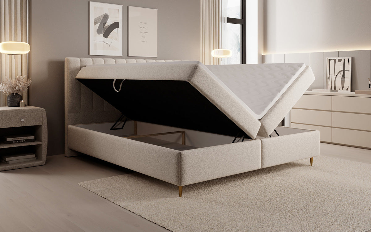 Lit boxspring Chelsea en tissu texturé avec espace de rangement