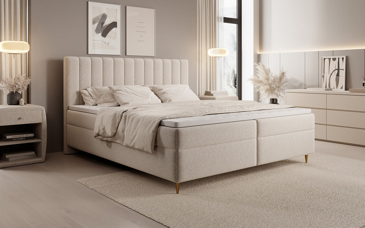 Lit boxspring Chelsea en tissu texturé avec espace de rangement