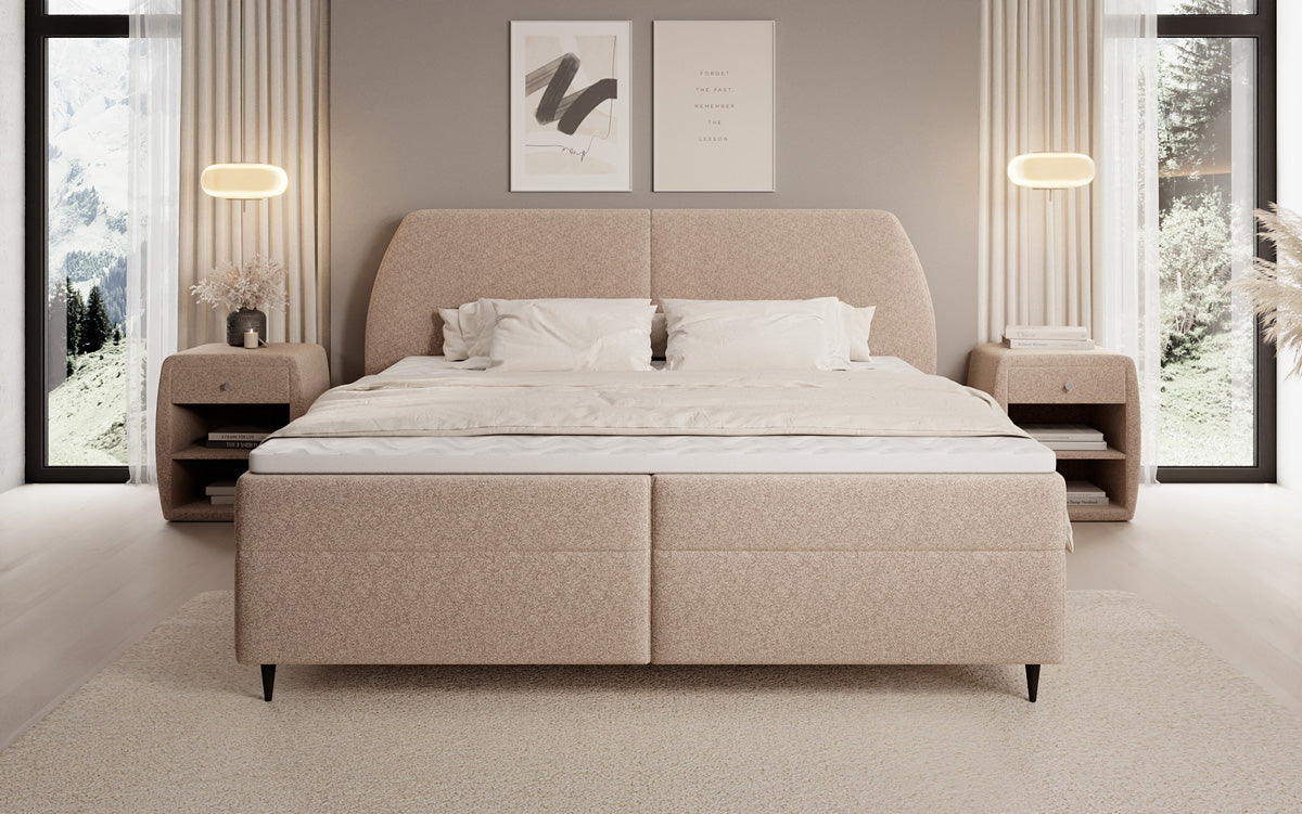 Lit boxspring Nara en tissu structuré avec espace de rangement