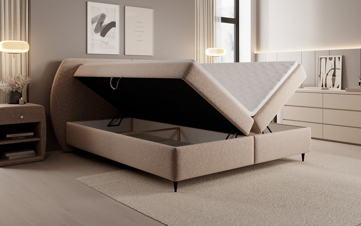 Lit boxspring Nara en tissu structuré avec espace de rangement