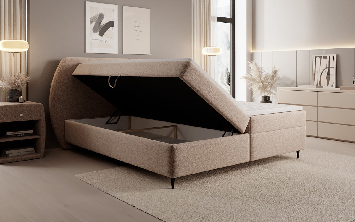 Lit boxspring Nara en tissu structuré avec espace de rangement