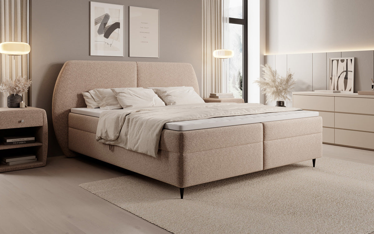 Lit boxspring Nara en tissu structuré avec espace de rangement