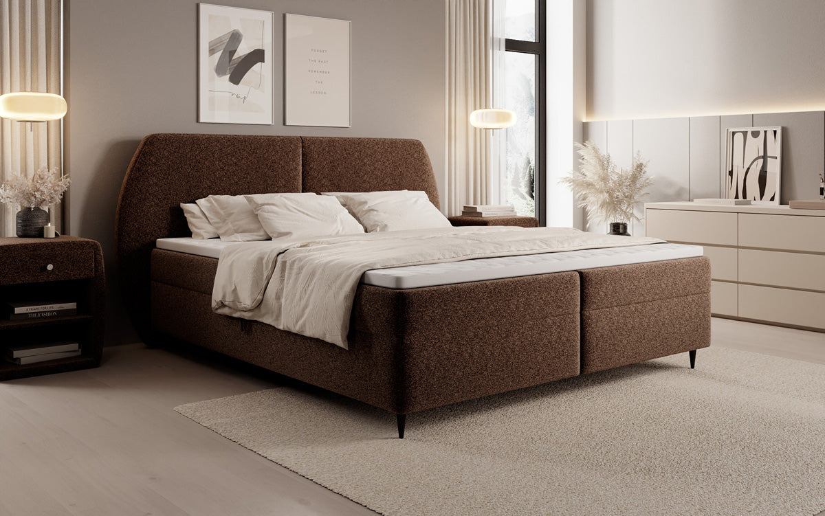 Lit boxspring Nara en tissu structuré avec espace de rangement