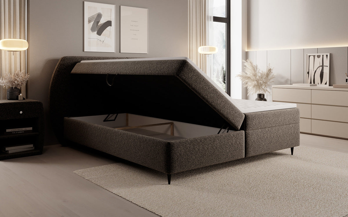 Lit boxspring Nara en tissu structuré avec espace de rangement