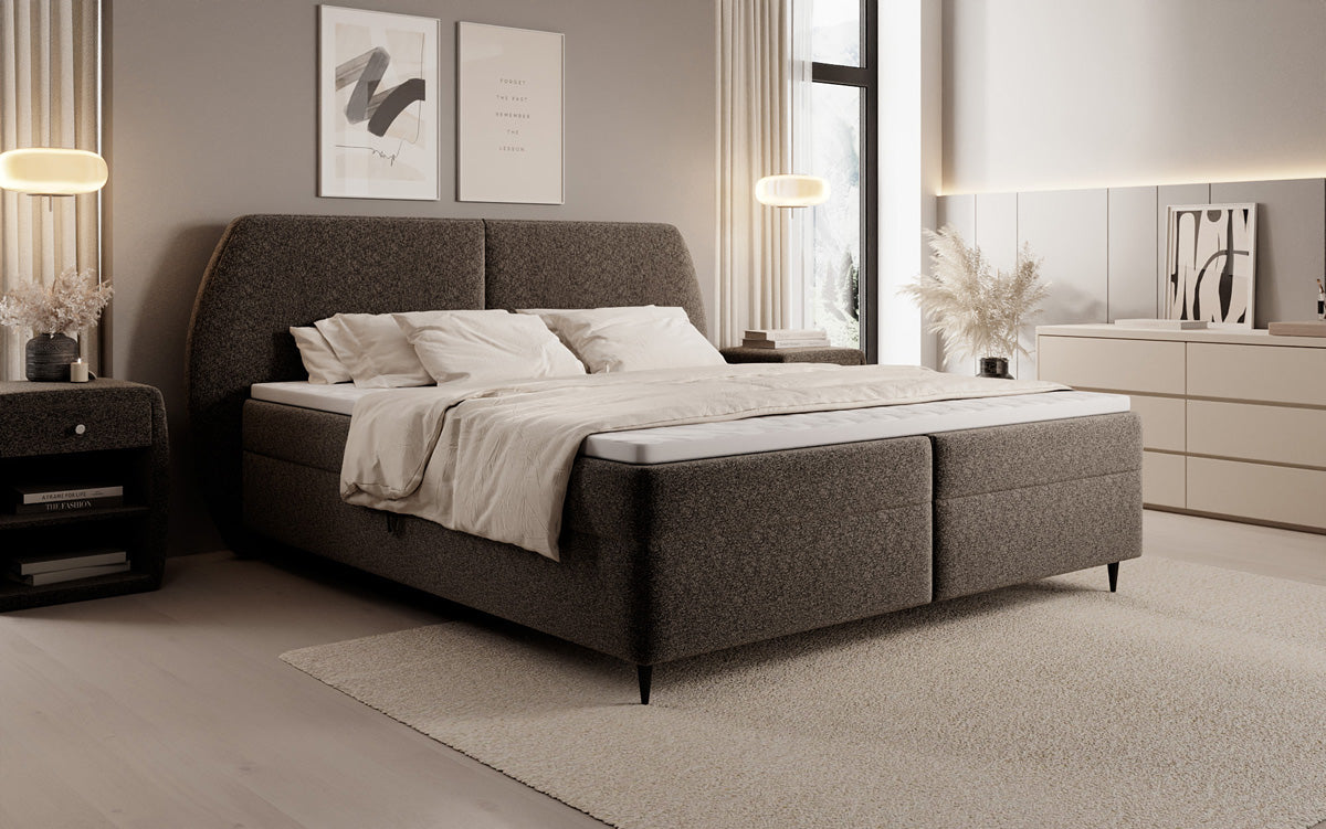 Lit boxspring Nara en tissu structuré avec espace de rangement