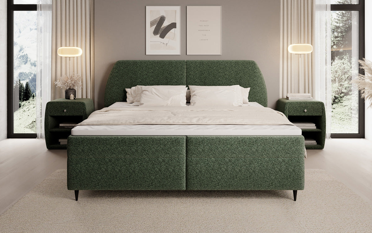 Lit boxspring Nara en tissu structuré avec espace de rangement