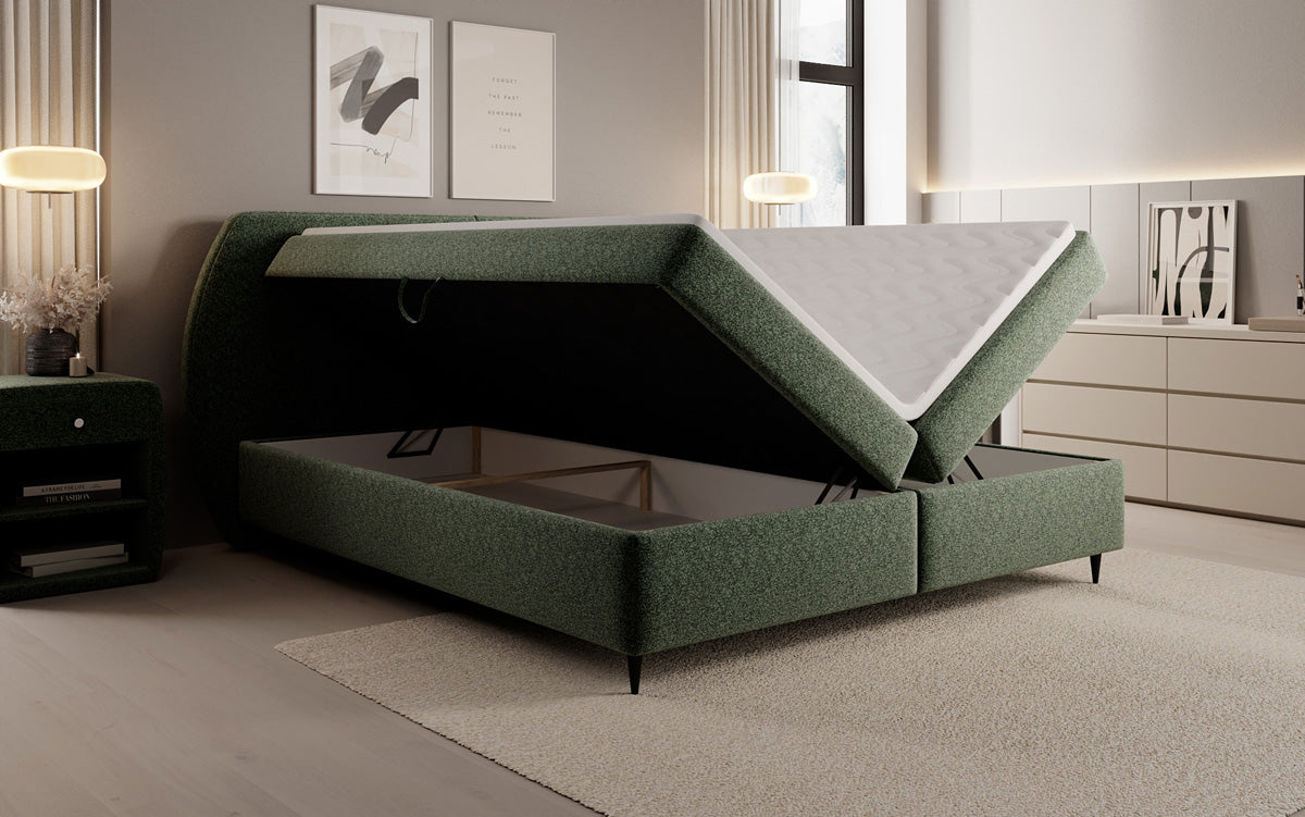Lit boxspring Nara en tissu structuré avec espace de rangement